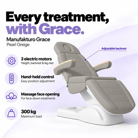 Manufakturo Grace Pearl Greige electric beauty bed with 3 motors for height, backrest and leg rest adjustment, hand-held control, massage face opening and 300 kg maximum load.
