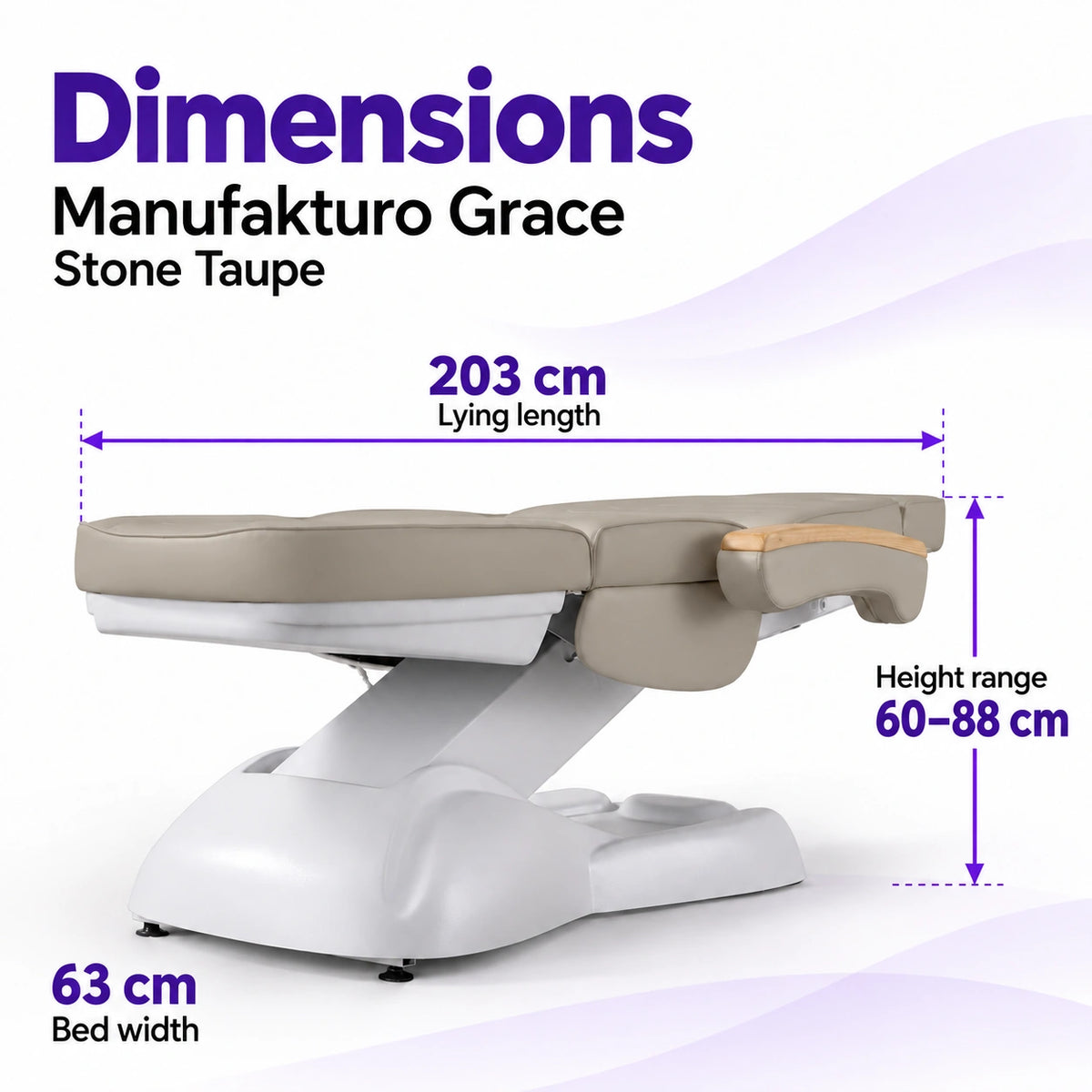 Manufakturo Grace Stone Taupe electric beauty bed dimensions: 203 cm lying length, 63 cm bed width and adjustable height from 60 to 88 cm.