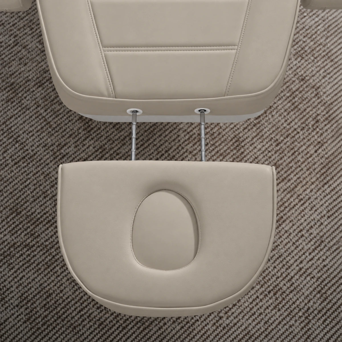 Manufakturo Grace Stone Taupe electric beauty bed extended headrest with fitted face insert and two metal adjustment rods.