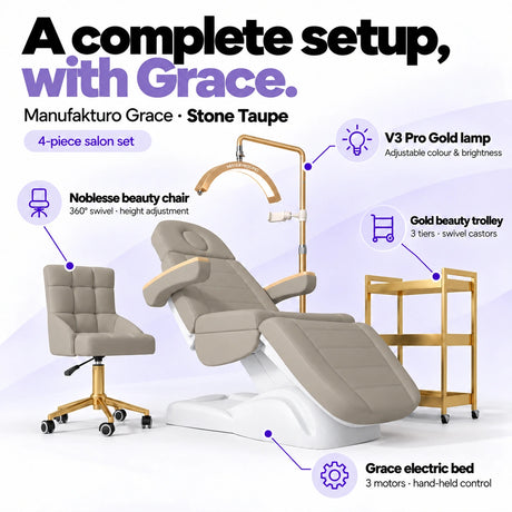 Manufakturo Grace Stone Taupe four-piece salon set features: three-motor electric bed with hand-held control, Noblesse swivel chair, adjustable V3 Pro Gold lamp and three-tier gold trolley.