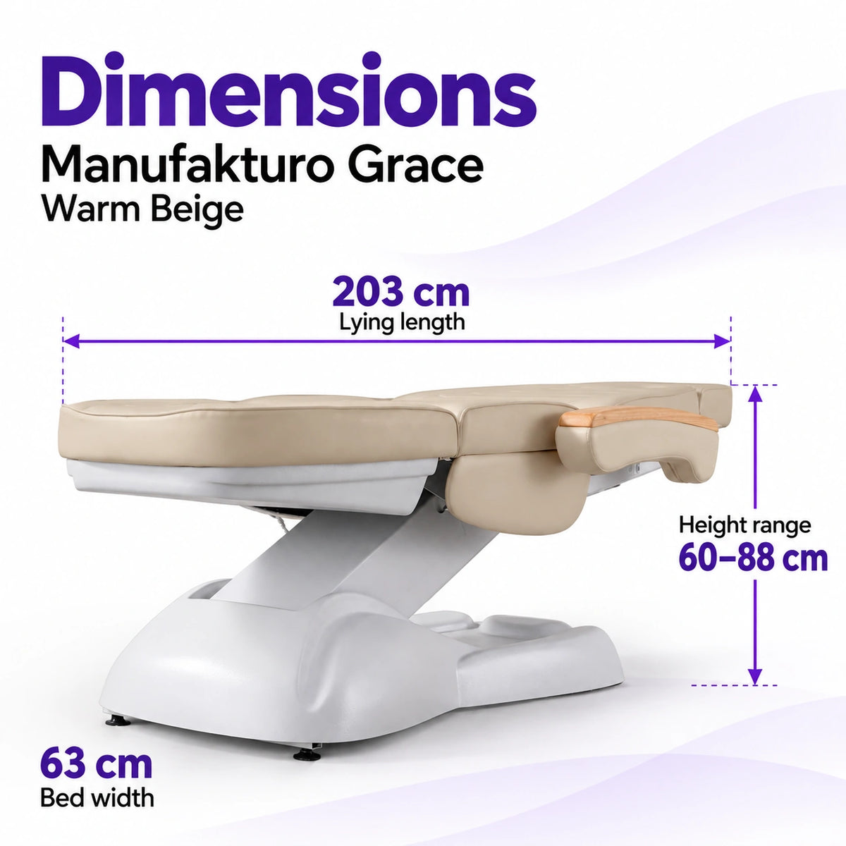 Manufakturo Grace Warm Beige electric beauty bed dimensions: 203 cm lying length, 63 cm bed width and adjustable height from 60 to 88 cm.
