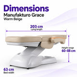 Manufakturo Grace Warm Beige electric beauty bed dimensions: 203 cm lying length, 63 cm bed width and adjustable height from 60 to 88 cm.
