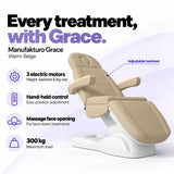 Manufakturo Grace Warm Beige electric beauty bed with 3 motors for height, backrest and leg rest adjustment, hand-held control, massage face opening and 300 kg maximum load.