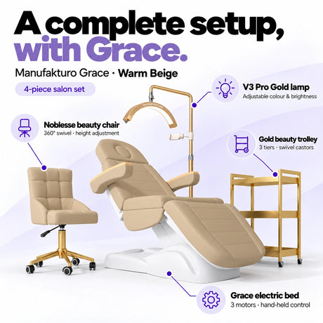 Manufakturo Grace Warm Beige four-piece salon set features: three-motor electric bed with hand-held control, Noblesse swivel chair, adjustable V3 Pro Gold lamp and three-tier gold trolley.