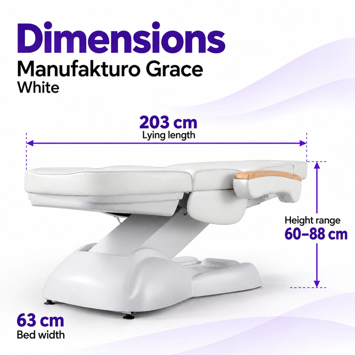 Manufakturo Grace White electric beauty bed dimensions: 203 cm lying length, 63 cm bed width and adjustable height from 60 to 88 cm.