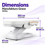 Manufakturo Grace White electric beauty bed dimensions: 203 cm lying length, 63 cm bed width and adjustable height from 60 to 88 cm.