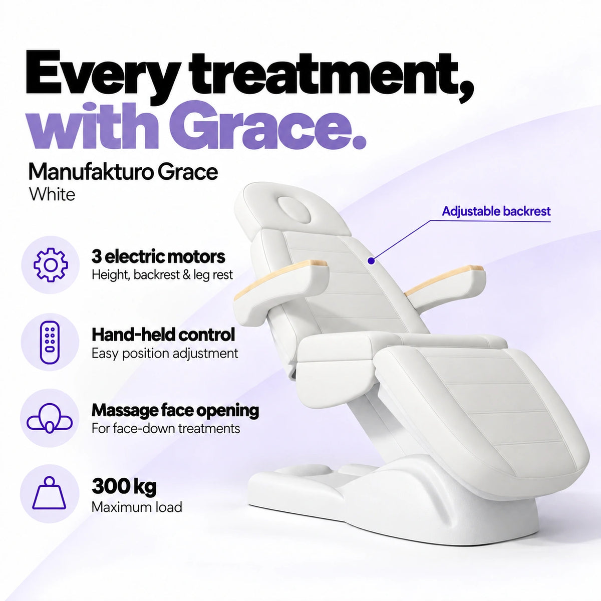 Manufakturo Grace White electric beauty bed with 3 motors for height, backrest and leg rest adjustment, hand-held control, massage face opening and 300 kg maximum load.