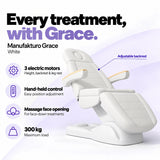 Manufakturo Grace White electric beauty bed with 3 motors for height, backrest and leg rest adjustment, hand-held control, massage face opening and 300 kg maximum load.