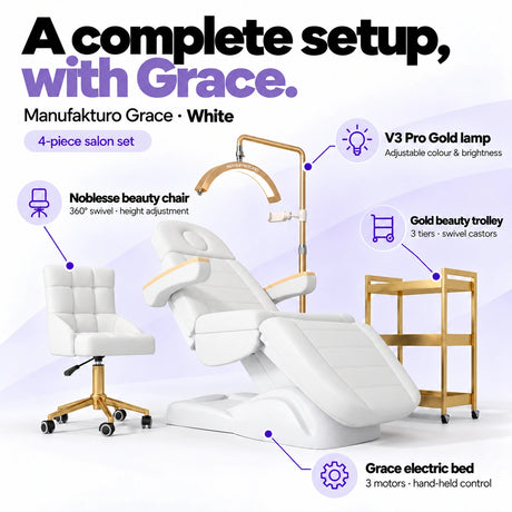 Manufakturo Grace White four-piece salon set features: three-motor electric bed with hand-held control, Noblesse swivel chair, adjustable V3 Pro Gold lamp and three-tier gold trolley.