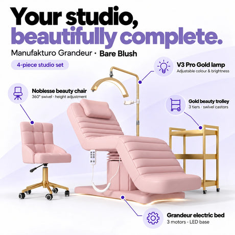 Manufakturo Grandeur Bare Blush four-piece complete studio set: electric beauty bed with three motors and LED base, Noblesse swivel beauty chair, V3 Pro Gold adjustable treatment lamp and three-tier gold beauty trolley.