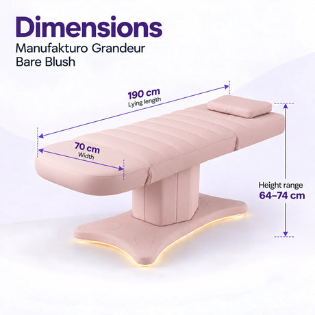Manufakturo Grandeur Bare Blush electric beauty bed dimensions: 190 cm lying length, 70 cm width and adjustable height from 64 to 74 cm.