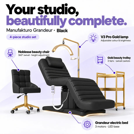 Manufakturo Grandeur Black four-piece complete studio set: electric beauty bed with three motors and LED base, Noblesse swivel beauty chair, V3 Pro Gold adjustable treatment lamp and three-tier gold beauty trolley.