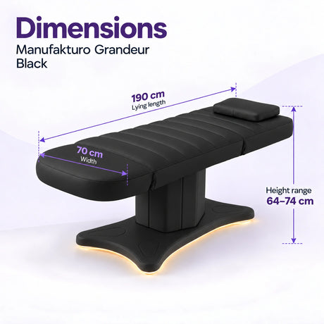 Manufakturo Grandeur Black electric beauty bed dimensions: 190 cm lying length, 70 cm width and adjustable height from 64 to 74 cm.