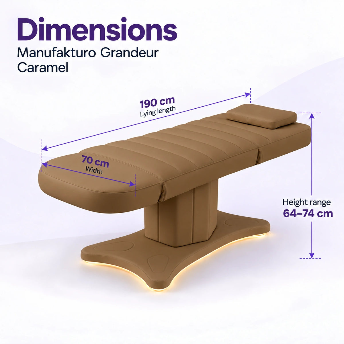Manufakturo Grandeur Caramel electric beauty bed dimensions: 190 cm lying length, 70 cm width and adjustable height from 64 to 74 cm.