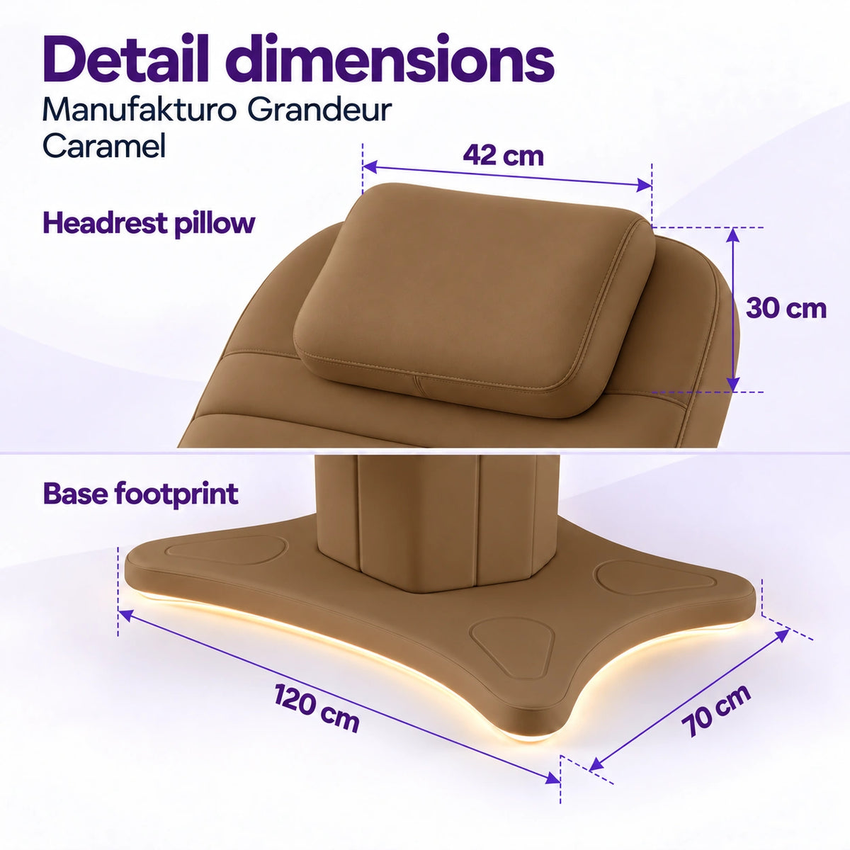 Manufakturo Grandeur Caramel beauty bed detail dimensions: headrest pillow 42 x 30 cm and base footprint 120 x 70 cm.