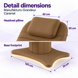 Manufakturo Grandeur Caramel beauty bed detail dimensions: headrest pillow 42 x 30 cm and base footprint 120 x 70 cm.