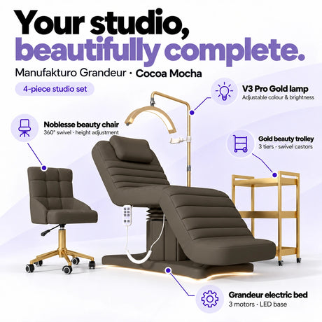 Manufakturo Grandeur Cocoa Mocha four-piece complete studio set: electric beauty bed with three motors and LED base, Noblesse swivel beauty chair, V3 Pro Gold adjustable treatment lamp and three-tier gold beauty trolley.