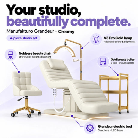 Manufakturo Grandeur Creamy four-piece complete studio set: electric beauty bed with three motors and LED base, Noblesse swivel beauty chair, V3 Pro Gold adjustable treatment lamp and three-tier gold beauty trolley.