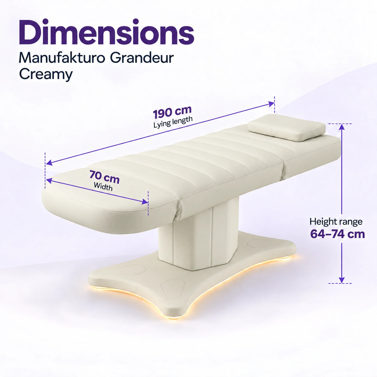Manufakturo Grandeur Creamy electric beauty bed dimensions: 190 cm lying length, 70 cm width and adjustable height from 64 to 74 cm.