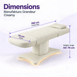 Manufakturo Grandeur Creamy electric beauty bed dimensions: 190 cm lying length, 70 cm width and adjustable height from 64 to 74 cm.