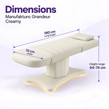 Manufakturo Grandeur Creamy electric beauty bed dimensions: 190 cm lying length, 70 cm width and adjustable height from 64 to 74 cm.