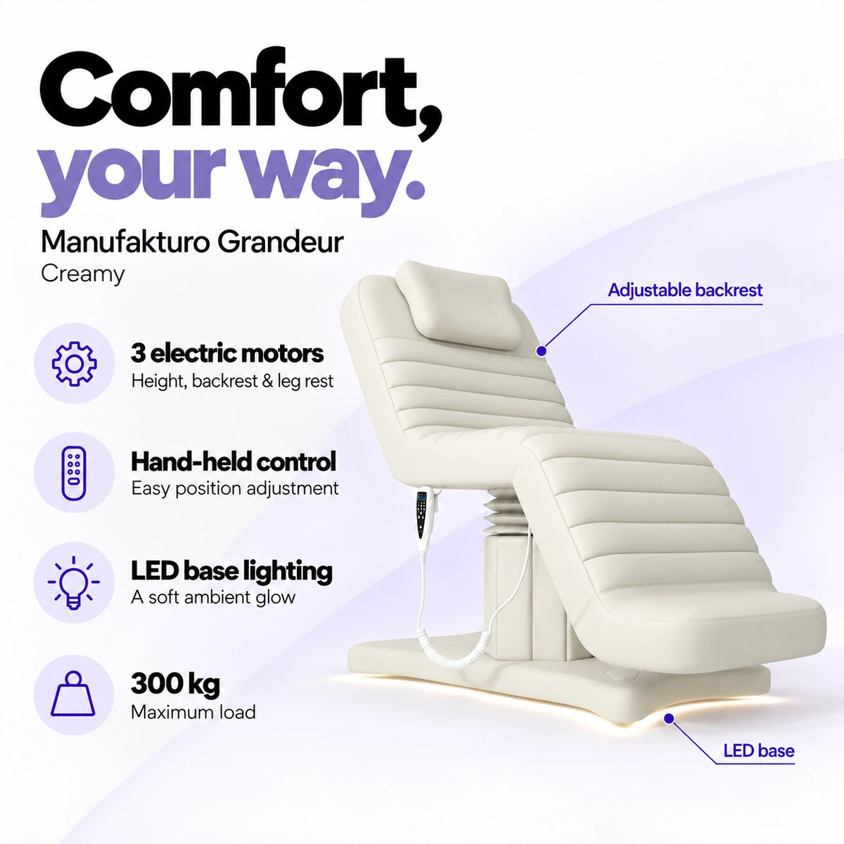 Manufakturo Grandeur Creamy electric beauty bed with 3 motors for height, backrest and leg rest adjustment, hand-held control, LED base lighting and 300 kg maximum load.