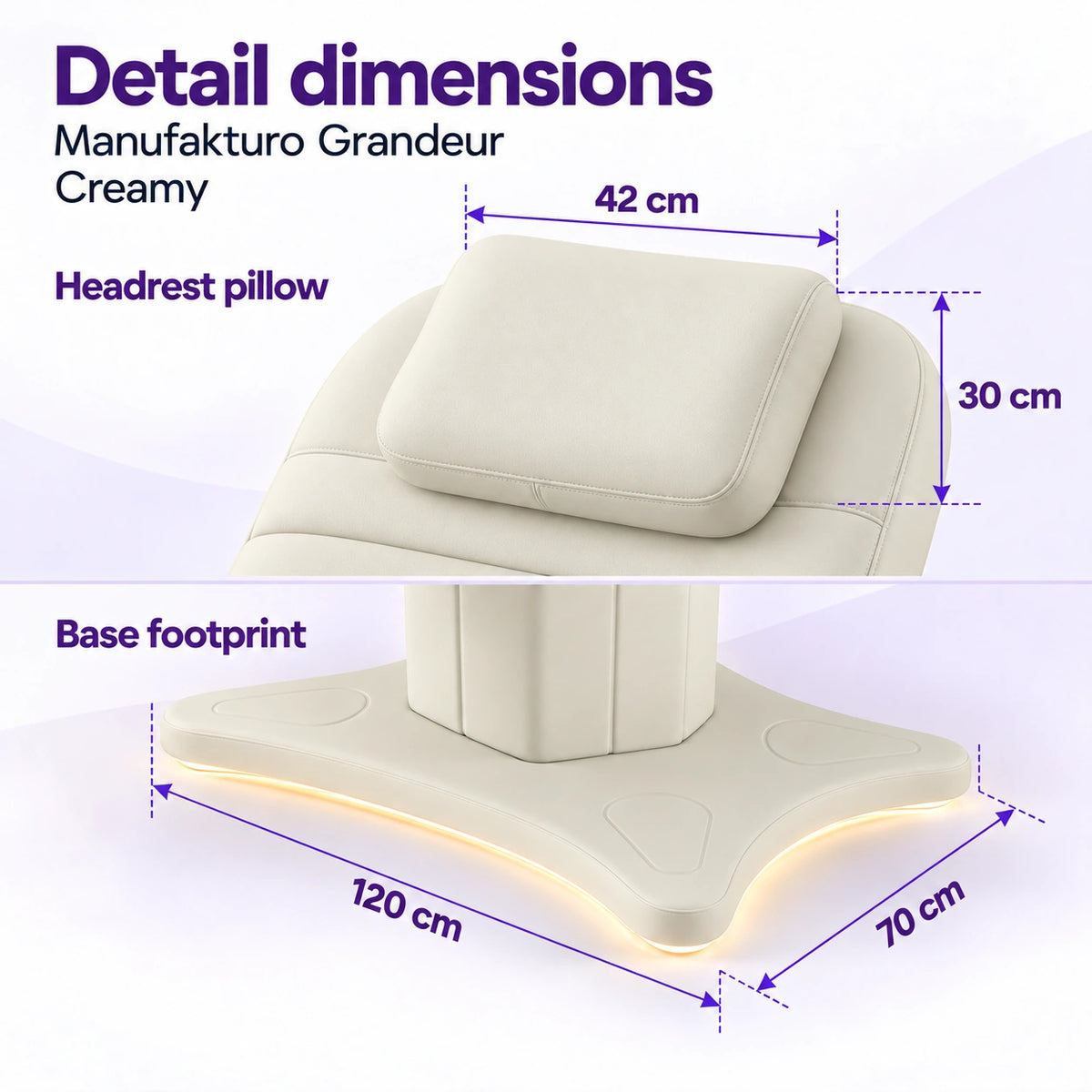 Manufakturo Grandeur Creamy beauty bed detail dimensions: headrest pillow 42 x 30 cm and base footprint 120 x 70 cm.