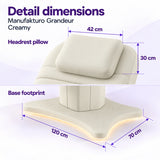 Manufakturo Grandeur Creamy beauty bed detail dimensions: headrest pillow 42 x 30 cm and base footprint 120 x 70 cm.