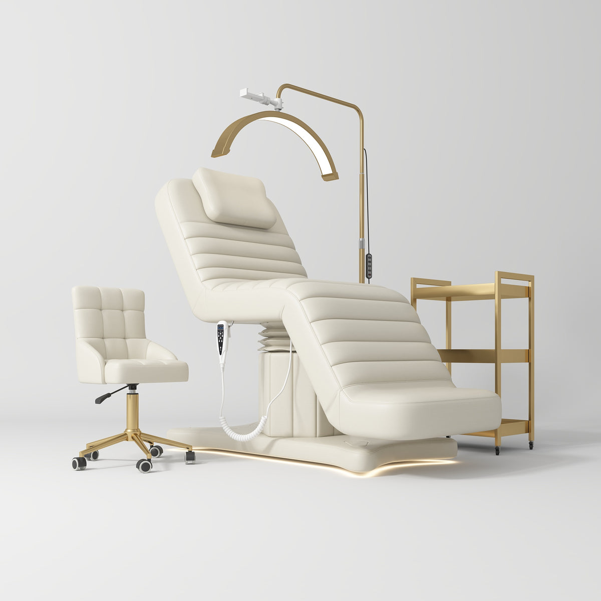 Manufakturo Grandeur Creamy The Complete Studio Set - Beauty Bed, Chair, Moonlight & Trolley - coordinated furniture pieces arranged on a white background