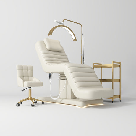 Manufakturo Grandeur Creamy The Complete Studio Set - Beauty Bed, Chair, Moonlight & Trolley - coordinated furniture pieces arranged on a white background