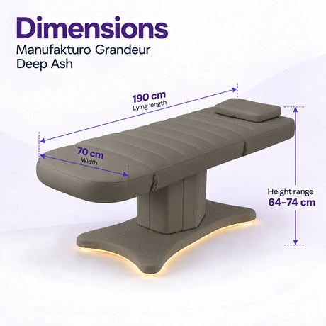 Manufakturo Grandeur Deep Ash electric beauty bed dimensions: 190 cm lying length, 70 cm width and adjustable height from 64 to 74 cm.