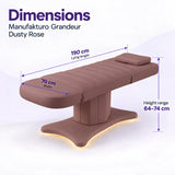 Manufakturo Grandeur Dusty Rose electric beauty bed dimensions: 190 cm lying length, 70 cm width and adjustable height from 64 to 74 cm.