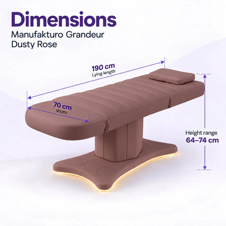 Manufakturo Grandeur Dusty Rose electric beauty bed dimensions: 190 cm lying length, 70 cm width and adjustable height from 64 to 74 cm.