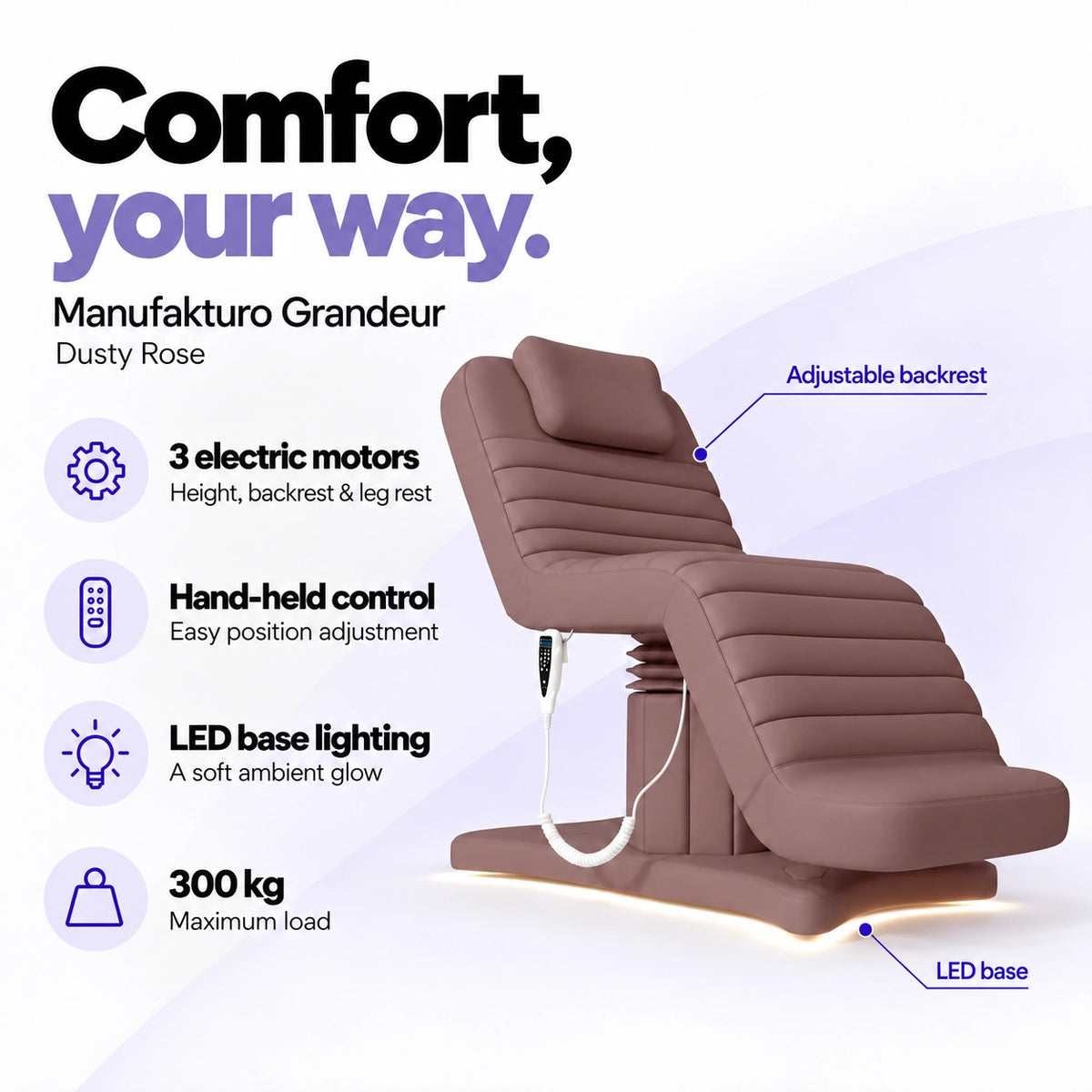 Manufakturo Grandeur Dusty Rose electric beauty bed with 3 motors for height, backrest and leg rest adjustment, hand-held control, LED base lighting and 300 kg maximum load.