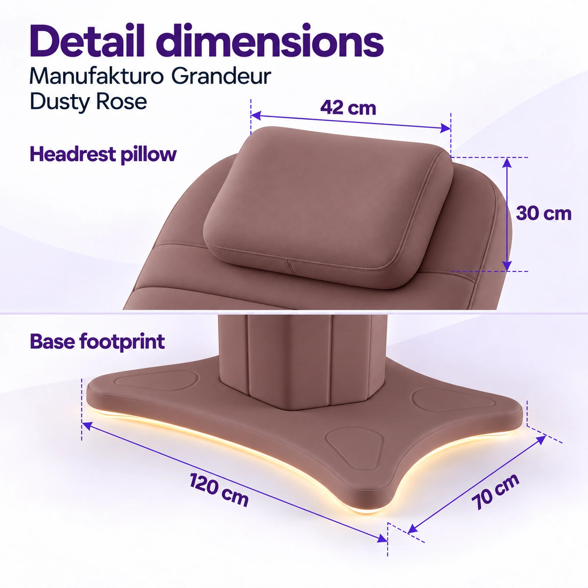 Manufakturo Grandeur Dusty Rose beauty bed detail dimensions: headrest pillow 42 x 30 cm and base footprint 120 x 70 cm.