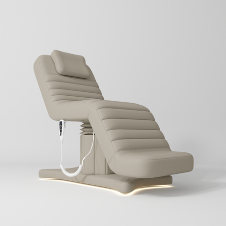 Manufakturo Grandeur Electric Lash Beauty Bed - 3 Motors Stone Taupe - close-up of the upholstery and construction details