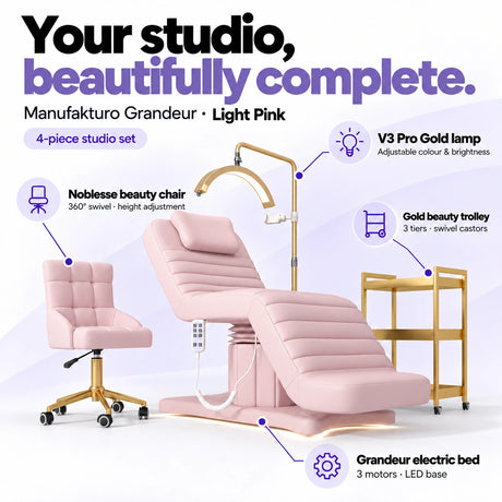 Manufakturo Grandeur Light Pink four-piece complete studio set: electric beauty bed with three motors and LED base, Noblesse swivel beauty chair, V3 Pro Gold adjustable treatment lamp and three-tier gold beauty trolley.