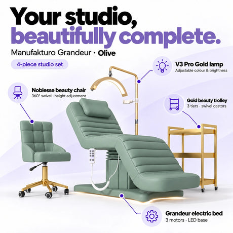 Manufakturo Grandeur Olive four-piece complete studio set: electric beauty bed with three motors and LED base, Noblesse swivel beauty chair, V3 Pro Gold adjustable treatment lamp and three-tier gold beauty trolley.