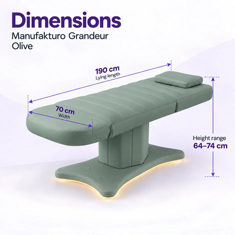 Manufakturo Grandeur Olive electric beauty bed dimensions: 190 cm lying length, 70 cm width and adjustable height from 64 to 74 cm.