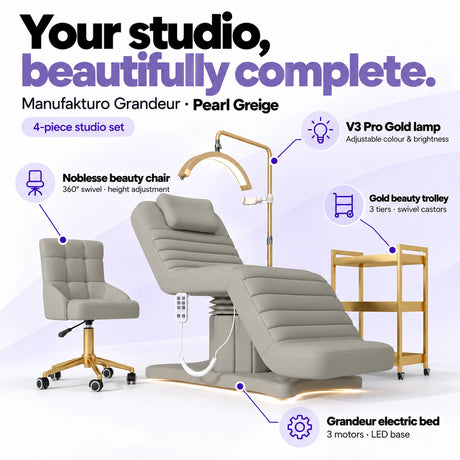Manufakturo Grandeur Pearl Greige four-piece complete studio set: electric beauty bed with three motors and LED base, Noblesse swivel beauty chair, V3 Pro Gold adjustable treatment lamp and three-tier gold beauty trolley.