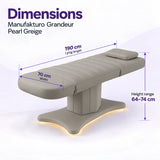 Manufakturo Grandeur Pearl Greige electric beauty bed dimensions: 190 cm lying length, 70 cm width and adjustable height from 64 to 74 cm.