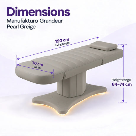 Manufakturo Grandeur Pearl Greige electric beauty bed dimensions: 190 cm lying length, 70 cm width and adjustable height from 64 to 74 cm.