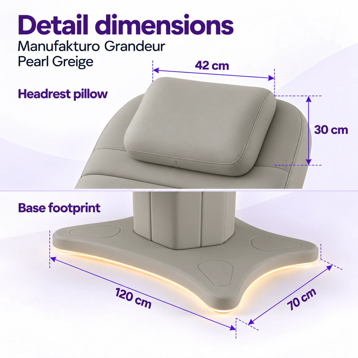Manufakturo Grandeur Pearl Greige beauty bed detail dimensions: headrest pillow 42 x 30 cm and base footprint 120 x 70 cm.