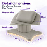 Manufakturo Grandeur Pearl Greige beauty bed detail dimensions: headrest pillow 42 x 30 cm and base footprint 120 x 70 cm.