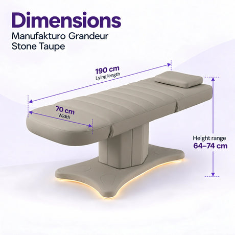 Manufakturo Grandeur Stone Taupe electric beauty bed dimensions: 190 cm lying length, 70 cm width and adjustable height from 64 to 74 cm.