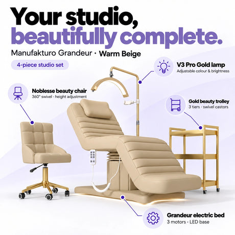 Manufakturo Grandeur Warm Beige four-piece complete studio set: electric beauty bed with three motors and LED base, Noblesse swivel beauty chair, V3 Pro Gold adjustable treatment lamp and three-tier gold beauty trolley.