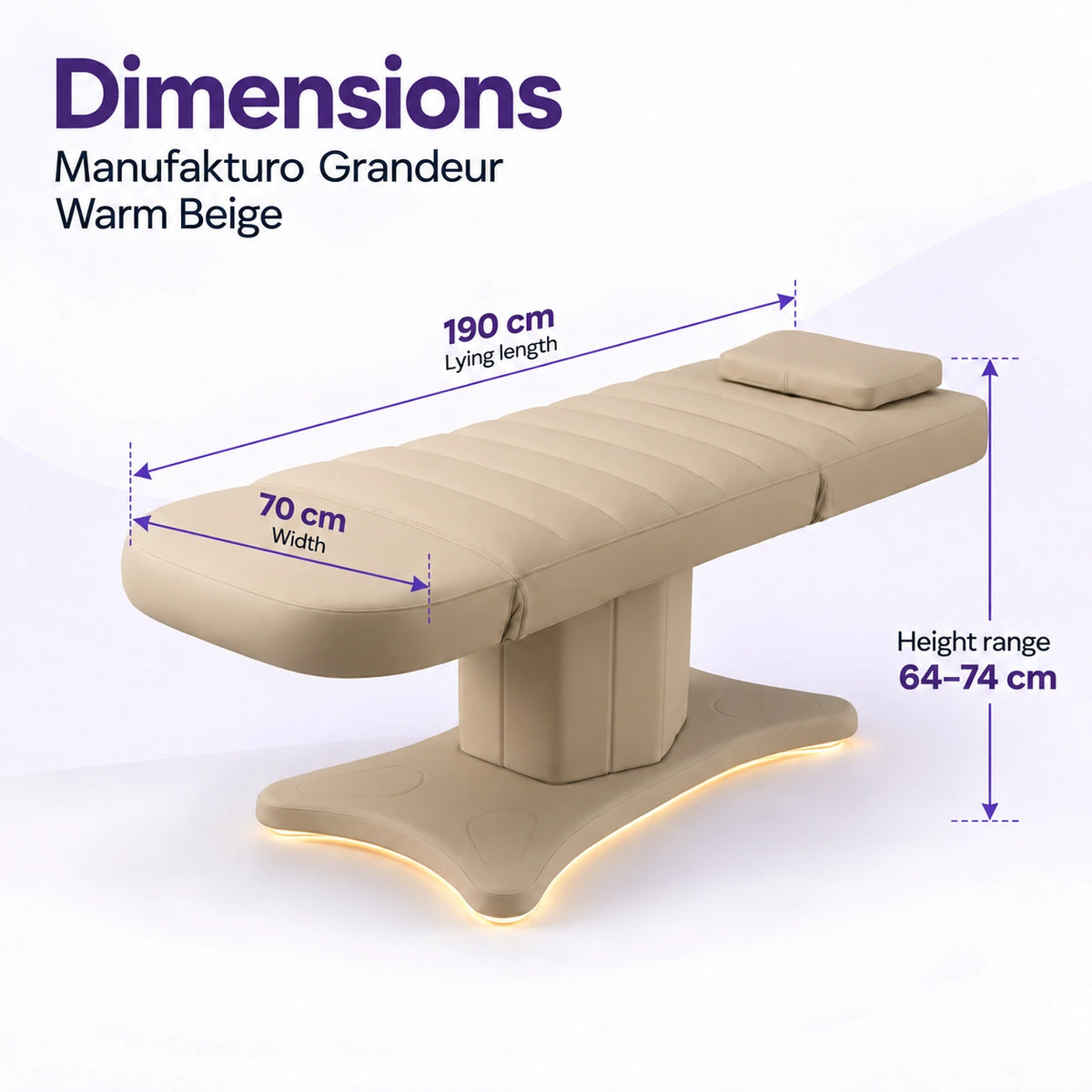 Manufakturo Grandeur Warm Beige electric beauty bed dimensions: 190 cm lying length, 70 cm width and adjustable height from 64 to 74 cm.