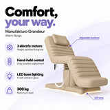 Manufakturo Grandeur Warm Beige electric beauty bed features: three motors for height, backrest and leg rest adjustment, hand-held control, LED base lighting and 300 kg maximum load.