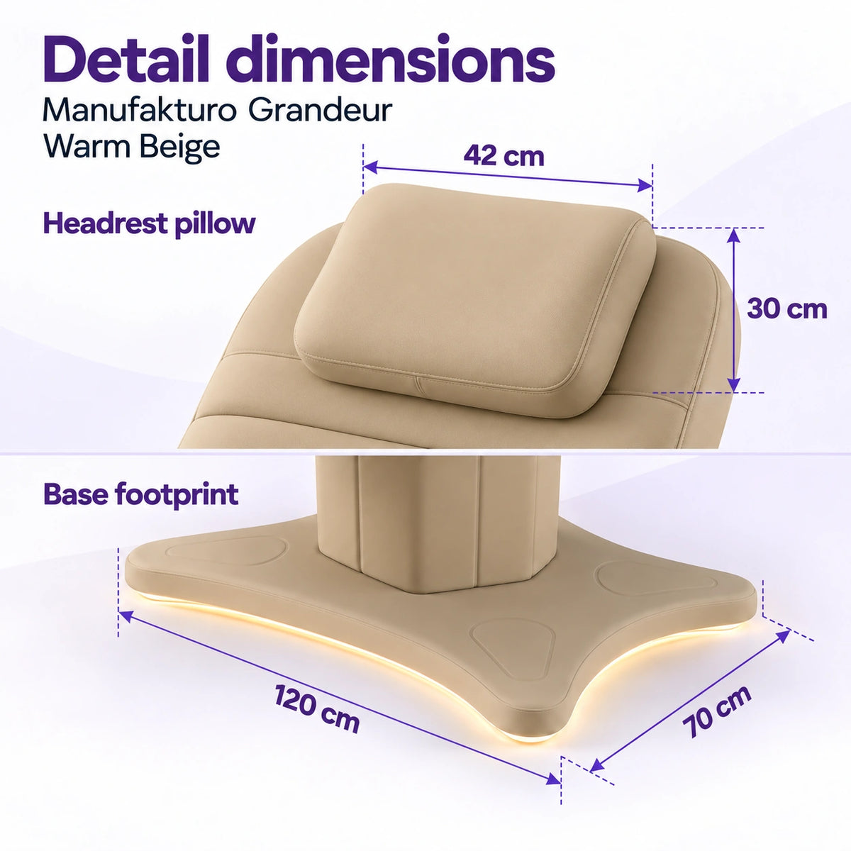 Manufakturo Grandeur Warm Beige beauty bed detail dimensions: headrest pillow 42 x 30 cm and base footprint 120 x 70 cm.