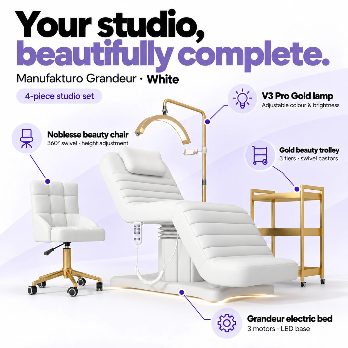 Manufakturo Grandeur White four-piece complete studio set: electric beauty bed with three motors and LED base, Noblesse swivel beauty chair, V3 Pro Gold adjustable treatment lamp and three-tier gold beauty trolley.